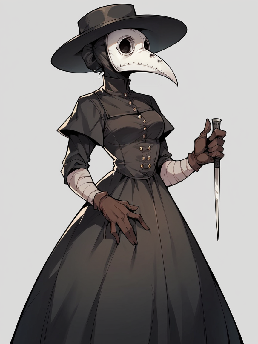 score_9, score_8_up, score_7_up, score_6_up, score_5_up,   <lora:PlagueDoctorXLP:1> plague doctor, mask, hat, solo, gloves, dress, 1girl