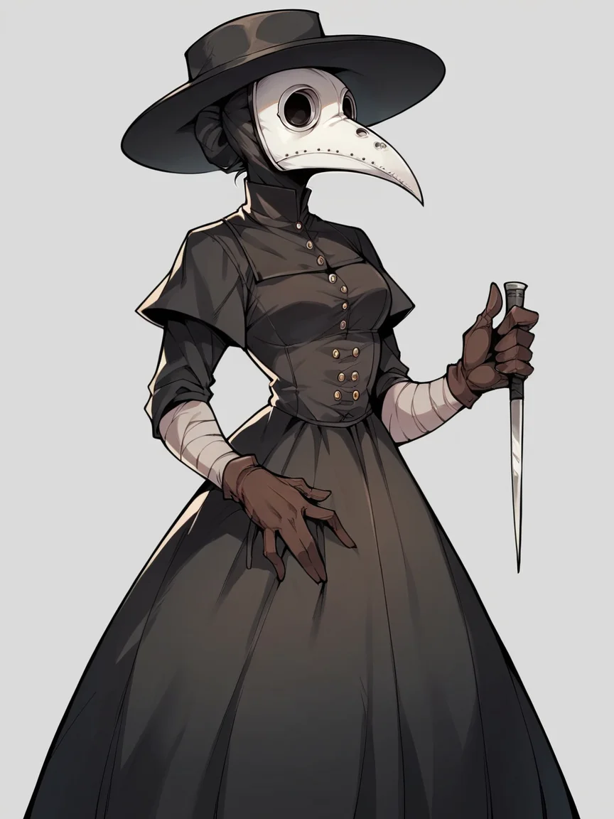 score_9, score_8_up, score_7_up, score_6_up, score_5_up, <lora:PlagueDoctorXLP:1> plague doctor, mask, hat, solo, gloves, dress, 1girl