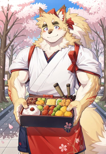 masterpiece, best quality, amazing quality, 1boy, solo, male focus, muscular male, furry male, bara, fox boy, inari_tas, purple eyes, white kimono, tasuki, shorts, waist apron, hachimaki, holding bento, giving to viewer, pov shot, sakura tree, failing petals, outdoors, cowboy shot, smile