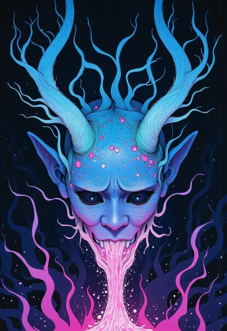 Studio Ghibli Dark Fairytale depicting a cursed hannya mask with horns and fangs blooming out of a blue lotus in a liminal bonsai garden with eerie radiating cyan and magenta miasma