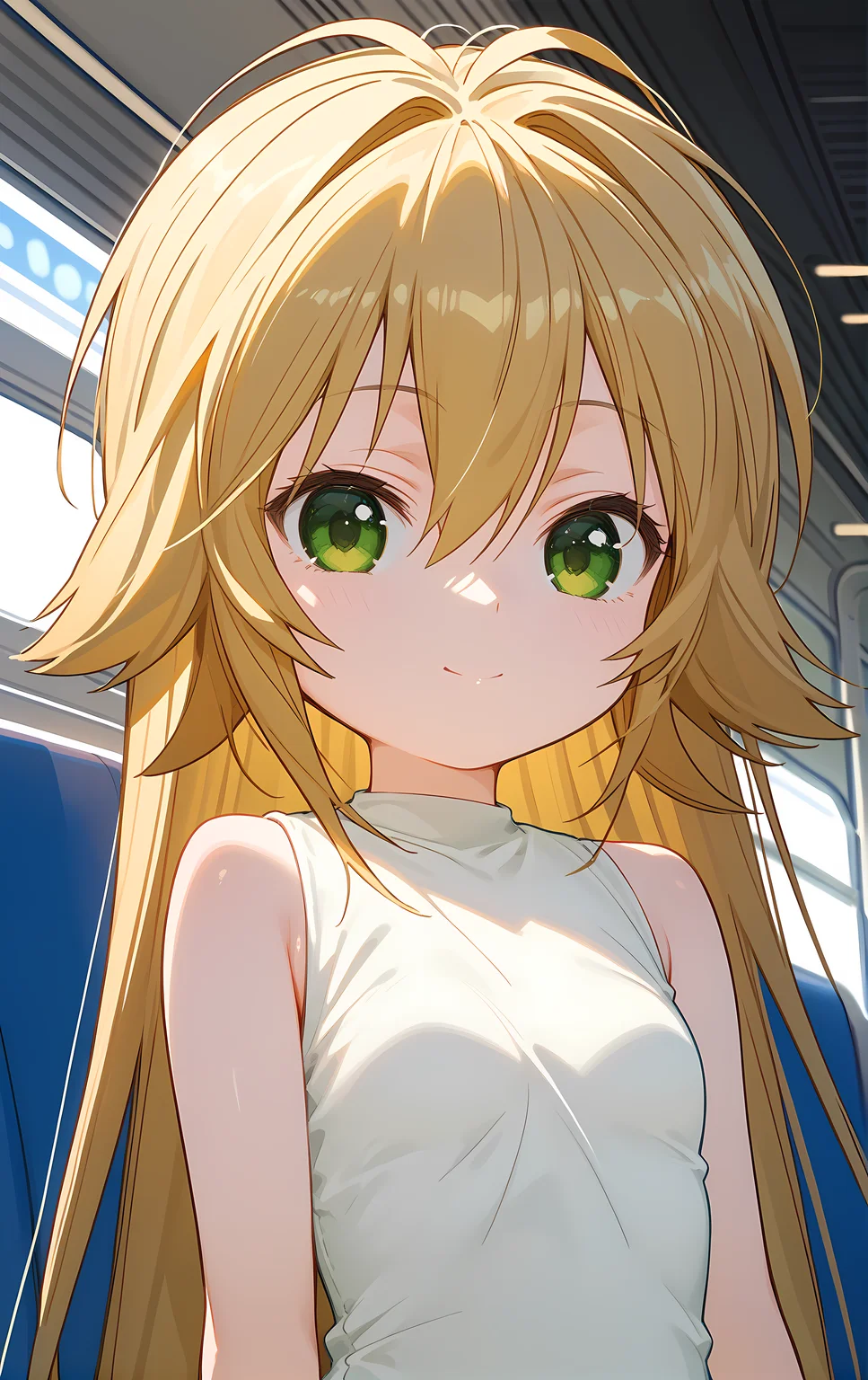 (score_9, score_8_up, score_7_up), looking at viewer, light smile, closed mouth, shiny skin, tight clothes,
ohwx, 1girl, solo, solo_focus, aged_down, child, green_eyes, blonde_hair, long_hair, very_long_hair, hair_between_eyes, small_breasts,
dress, white_dress, sleeveless, sleeveless_dress, bare_shoulders,
blurry, cowboy shot, dutch angle, train interior, scenery, seat, vanishing point, sunlight, (upper body, close-up:1.5),
<lora:kusano_pony_ss-000002:1>