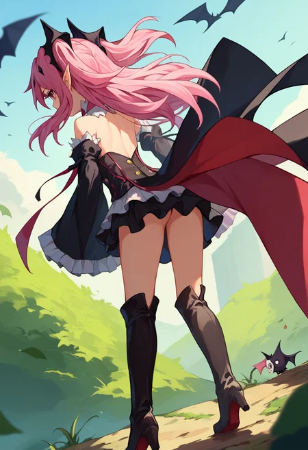 score_9, score_8_up, score_7_up, source anime, 1girl, Krul, two side up, pink hair, red eyes, pointy ears, hair ornament, detached sleeves, detached collar, black dress, black skirt, high heel boots, from behind, outdoors, waist cape, <lora:Krul Tepes2-000006:1>