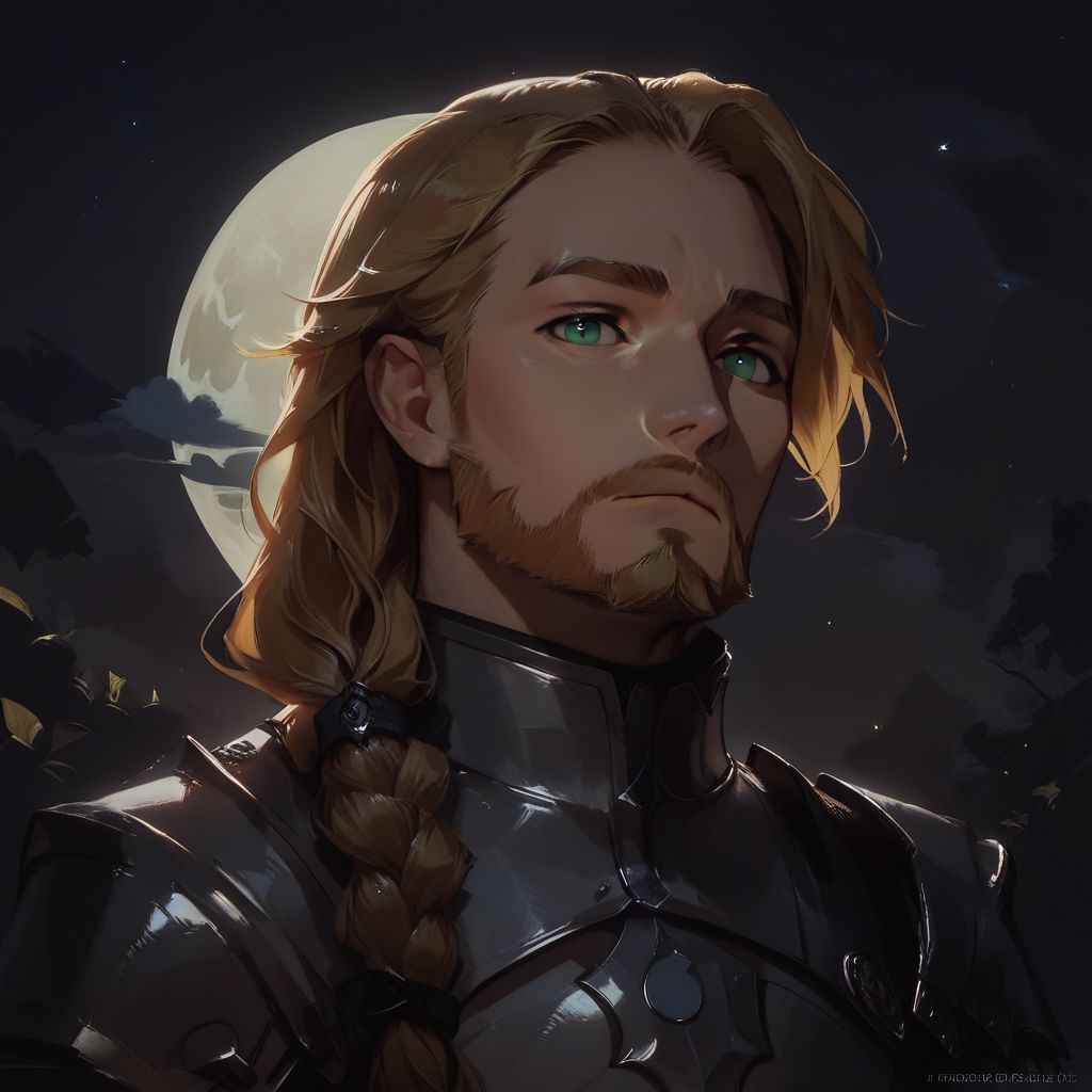 score_9, score_8_up, score_7_up, score_6_up, score_5_up, rating_safe, source_anime, 
low light, 1boy, solo, male focus, mature male, armor, golden shoulder, breastplate, pauldrons, upper body, closed mouth, standing, outdoors, night, night sky, dark background, no helmet, blonde hair, single braid, green eyes, blonde full beard, looking at viewer, upper body, concept art, realistic, dark theme, low light, moon in background
