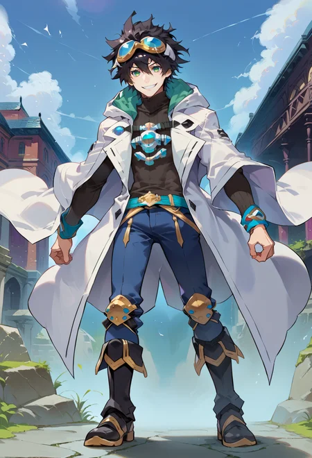 score_9, score_7_up, source_anime, BREAK <lora:Taiki Dendro:0.9> taiki, art, blue theme, black turtleneck,, solo, smile, 1boy, green eyes, short hair, black hair, bangs, hair between eyes, messy hair, (goggles on head:1.2),, headband, white coat, hooded coat, hood down, open coat, turtleneck, capri pants, pants, black knee boots,