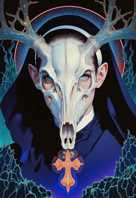 (ArsMJStyle, Colored pencil hyperdetailed realism) A futuristic gothic nun wears a translucent deer skull mask made of liquid crystal, glowing in cobalt blue, molten silver, and radiant amber. The mask retains the deer skull shape, featuring elongated contours, delicate nasal openings, and elegant branching antlers shimmering with bioluminescence. Though semi-transparent, its bone structure remains visible, refracting light while revealing her sharp nose and full lips, which are painted deep iridescent black with violet undertones, creating an intense contrast. The mask pulses faintly with her breath, glowing veins of energy forming cybernetic patterns across the forehead, cheekbones, and nose bridge, integrating with her features. Her mismatched eyes, one electric violet and the other luminous emerald green, pierce through the liquid crystal. A sleek midnight-purple habit drapes from her head, merging into an obsidian ensemble with a high collar and an iridescent cross emblem on her chest. The dark abyssal teal background swirls with holographic geometric shapes and hypnotic neon patterns in sapphire, fiery orange, and electric violet, framing the luminous elegance of her mask. Every detail blends gothic, cyber, and surreal aesthetics into a hyper-realistic masterpiece.
