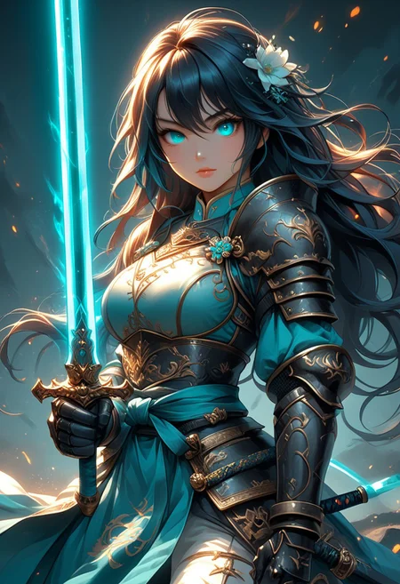 hkstyle FFROA, A knight holding her sword, anime, Cyan teal black white, beautiful face, anime, martial arts sword pose, glowing sword