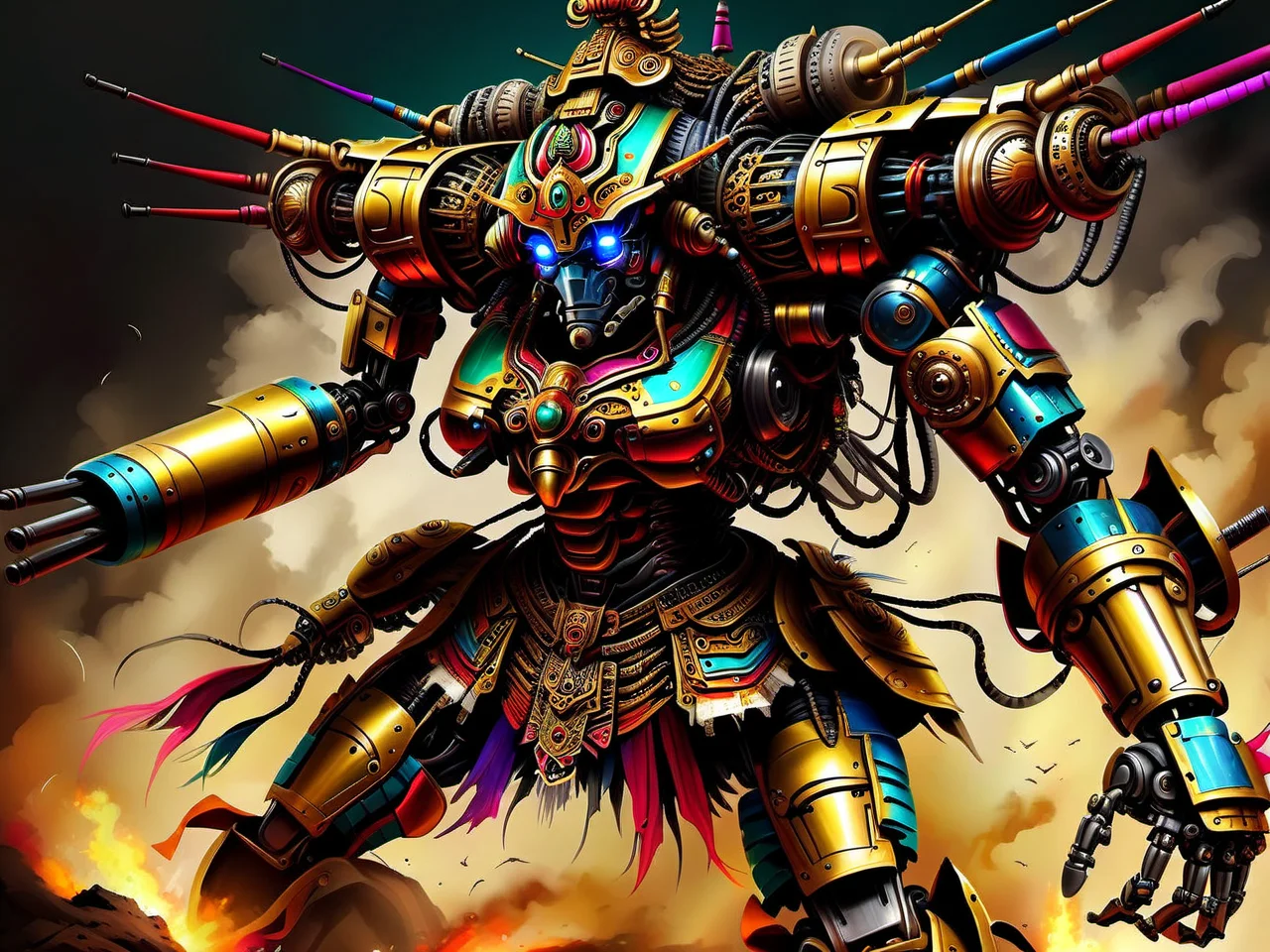 <lora:CulturePunkAI_1Pruned:.9> JavaPunkAI battle mech Highly detailed, amazing, Impressive lighting, vibrant colors, Ultra Realistic, High quality, Highly detailed, trending on artstation
