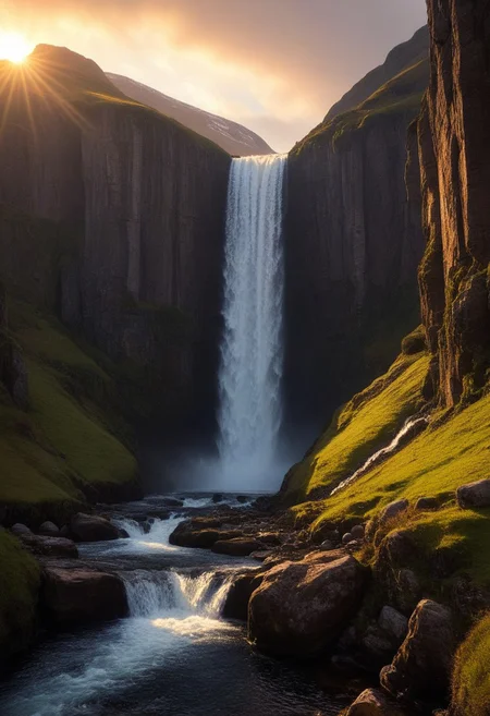 Scottish cliffs, waterfall, Dream Scenery,
detailxl, valley, mountains, rocks, spring, sunset