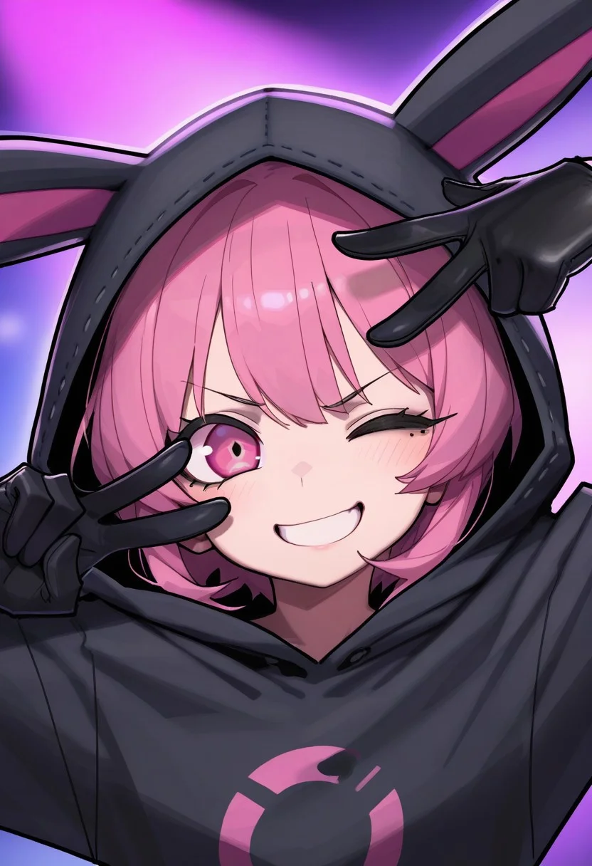 CuteToon_ST, masterpiece, best quality, very aesthetic, high resolution, ultra-detailed, absurdres, newest, detailed eyes, beautiful, perfect lighting, hi res, amazing quality, very awa, painting_(artwork), dynamic lighting, dynamic angle, dynamic pose, cinematic, gorgeous, 1girl, one eye closed, smile, black gloves, pink eyes, pink hair, v, looking at viewer, hoodie, hood up, grin, upper body, short hair, animal hood, bangs