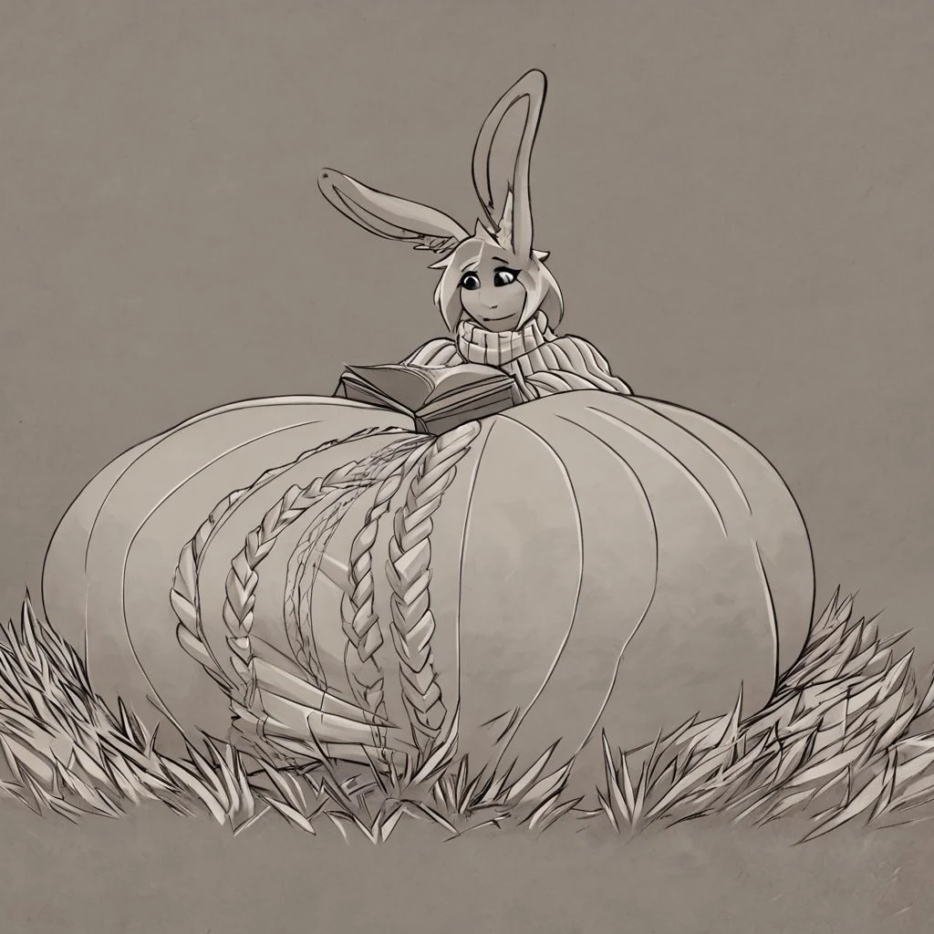 tall bunny girl. huge breast sitting down in a field reading a book dressed in a turtle neck sweater. being comfy