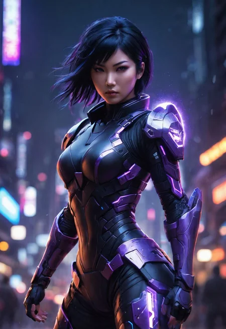 japanese woman, black hair, blurry, cyber ninja, cyberpunk district, lips, nose, realistic, science fiction, solo, full body, fighting pose, action pose, minimal armor, purple glowing light armor, mean human shape, bokeh blur, Cinematographic lighting