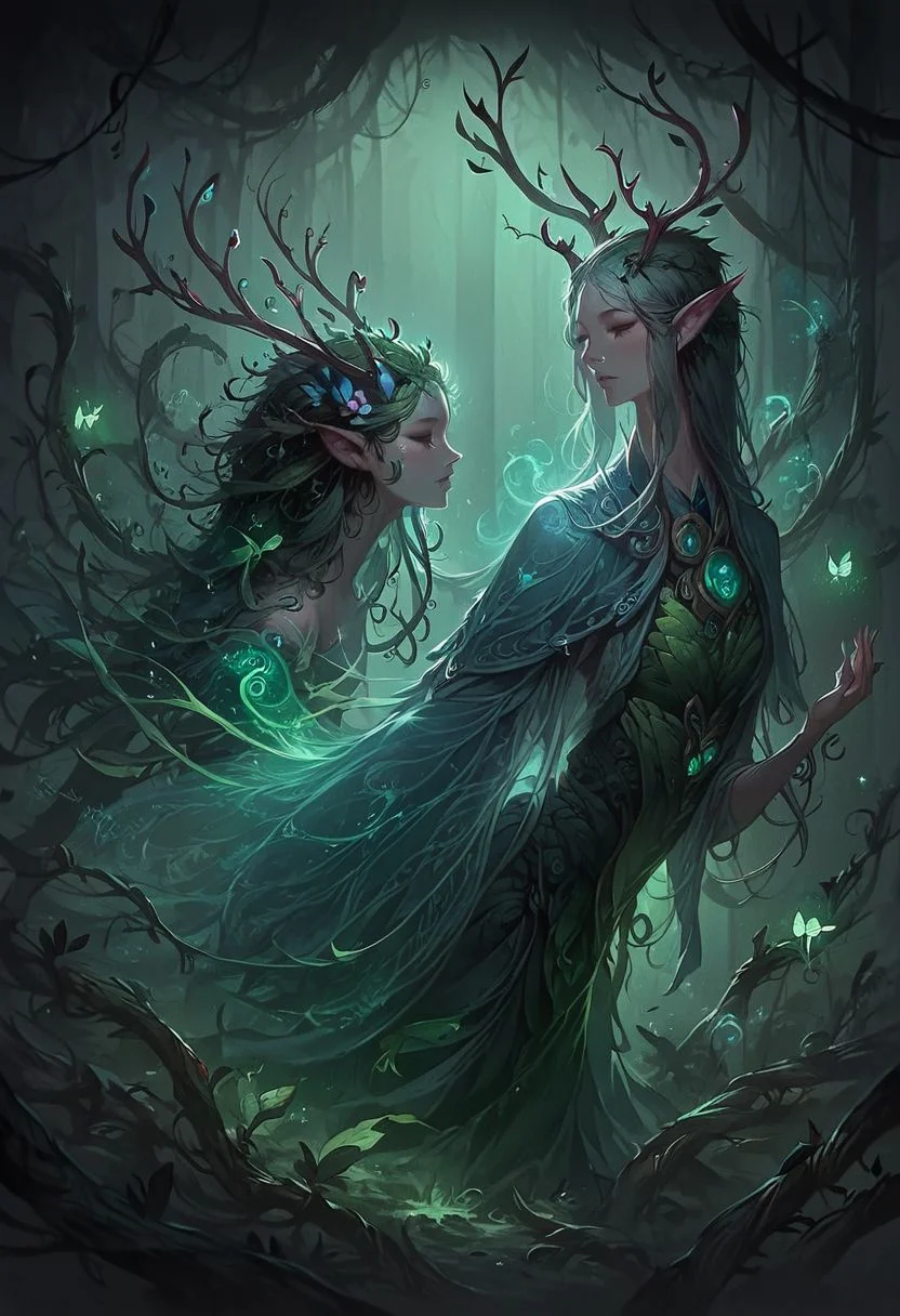 score_9, score_8_up, score_7_up,   realistic, side view,  detailed background, 
spirits, plants, magic spirit in the air, concept art, expressiveh, m0n0n0k3, Spirit Animal, mystical forest,
beautiful girl, green toga, vines, vines growing on her body, pointed ears, small antlers horns, dryad,