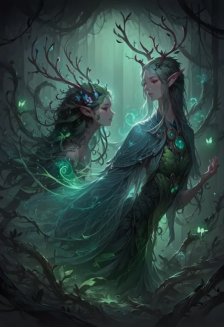 score_9, score_8_up, score_7_up, realistic, side view, detailed background,
spirits, plants, magic spirit in the air, concept art, expressiveh, m0n0n0k3, Spirit Animal, mystical forest,
beautiful girl, green toga, vines, vines growing on her body, pointed ears, small antlers horns, dryad,