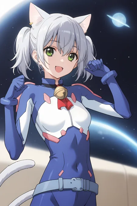 (blue bodysuit belt:1.50), cpc-chaika, short hair, short twintails, bangs, sidelocks, grey hair, hair between eyes, green eyes, cat ears, cat tail, neck bell,
1girl, solo, skinny, (source_anime, score_9, score_8_up, score_8, score_7_up), score_7, score_6_up, score_6, score_5_up, score_5,
(happy:1.40),
(space:1.10),
(straight-on:1.40), (:1.20),
small breasts
<lora:cpc-chaika-V01-000004:0.70>