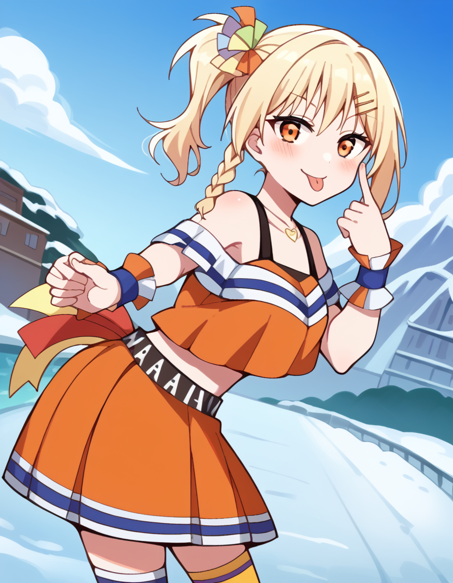 score_9, score_8_up, score_7_up, source_anime, <lora:ai-miyashita-saikou-heart-mv-ponyxl-lora-nochekaiser_r1:1>, ai miyashita, bangs, blonde hair, hair ornament, orange eyes, braid, sidelocks, medium hair, side ponytail, orange eyes, french braid,, skirt, thighhighs, jewelry, collarbone, necklace, off shoulder, tank top, wristband, cheerleader, pom pom (cheerleading), orange skirt, gyaru, heart necklace, glacier, ice, cold, blue, snowy, smile, <lora:akanbe-ponyxl-lora-nochekaiser:1>, akanbe, eyelid pull, finger to eye, tongue out, :p, tongue, ;p, blush, leaning forward, bent over, from side,, looking at viewer, solo,, dutch angle, cowboy shot