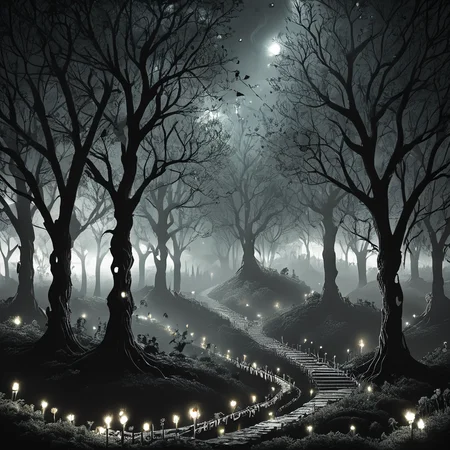 Changeling revel in Central Park, hidden from mortal eyes. Fantastical fae creatures, glamour-laden festivities. Twisted trees, fairy lights, impossible geography. Vibrant colors contrasting with dark shadows, dreamlike quality. Blend of natural and supernatural elements, intricate details in costumes and scenery. core_9, score_8_up, score_7_up, <lora:ArsMorph_-_World_of_Darkness_Pony:1> ArsWorldOfDarkness,