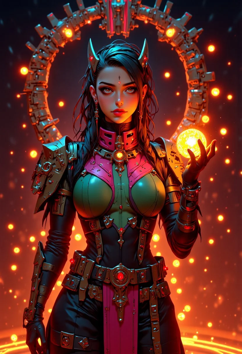 mad-arcnsmbls, mythp0rt, A striking portrait of a futuristic and elegant woman, standing confidently, looking at the viewer. Her outfit is a form-fitting bodysuit with a dual-toned design: pink and sage green. The fabric is smooth and detailed, hugging her figure while exuding both elegance and a touch avantgardepunk. Wearing long gloves, emphasizing her poised and composed stance. She has an undercut hairstyle with one side shaved revealing intricate geometric patterned implants. She wears an elaborate, angular headpiece that fans out like a futuristic crown, made of thin metallic rods. Her makeup a dramatic goth look with dark eyeliner, with black lipstick. Adding a mythpunk flair, her hand gracefully raised casting a spell, glowing, golden dice float effortlessly in the air of varying sizes. The dice have intricate runic engravings that catch the light, giving them a mystical and futuristic feel. The smoky, glowing background of warm reds and oranges is rich with smoky textures and glowing, diffused light, enhancing the warm tones of the scene and creating a dramatic atmosphere.