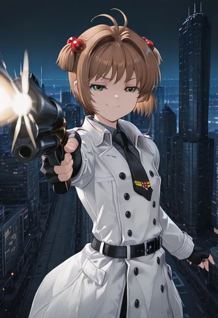 solo, 1girl, kinomoto sakura,
brown_hair,
short hair,
antenna hair,
hair bobbles,
white trench coat,
black_gloves,
collared_shir,
gloves,
green_eyes,
fingerless_gloves,
black_necktie,
black necktie,
grey_shirt,
jacket,
white_jacket,
long_sleeves,
black buttons,
collared_shirt,
black belt,
holding custom-made shotgun, aiming at viewer,
masterpiece,
Energetic Pose, cinematic angle, on top of skyscraper, night, city lights can be seen, firing gun, smug face