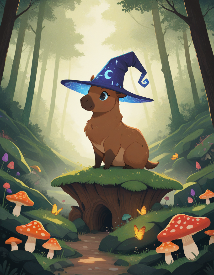 <lora:AAFKjourneyXL_style:0.25>, afkstyle, <lora:Incase_New_Illust:0.25>, blocky, painterly, icjournals, <lora:MSMLN-IL:0.5>, msmln, (masterpiece, best quality, ultra-detailed, absurdres, newest, detailed textures, correct anatomy:1), 
cute capybara sitting on a large mushroom, big eyes, wearing a wizard hat with a star pattern, vibrant forest background, soft lighting, fantasy, whimsical, magical, colorful butterflies fluttering around, dainty flowers scattered on the ground and mushroom cap, lush greenery, rocks and moss, enchanting atmosphere, dreamy, adorable, fantasy creature, soft fur, innocent expression, bright and cheerful, detailed shading, high contrast, centered composition, serene environment, peaceful forest scene, magical forest, cute and charming, soft and fluffy