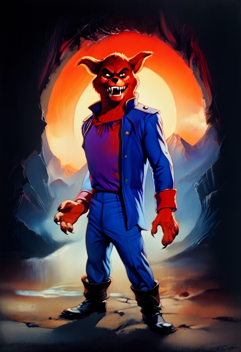 score_9, score_8_up, score_7_up, score_6_up, looking at viewer, close up, devious, devious smirk, fangs, red wolf, anthro, furry, male, blue captain suit, pants, boots, standing confident, mountain background, retro artstyle, traditional media, dramatic lighting<lora:Don_Karnage_Talespin_PonyXL:1> <lora:Disney_Renaissance:1> horror movie, Red eye, creepy wolf,