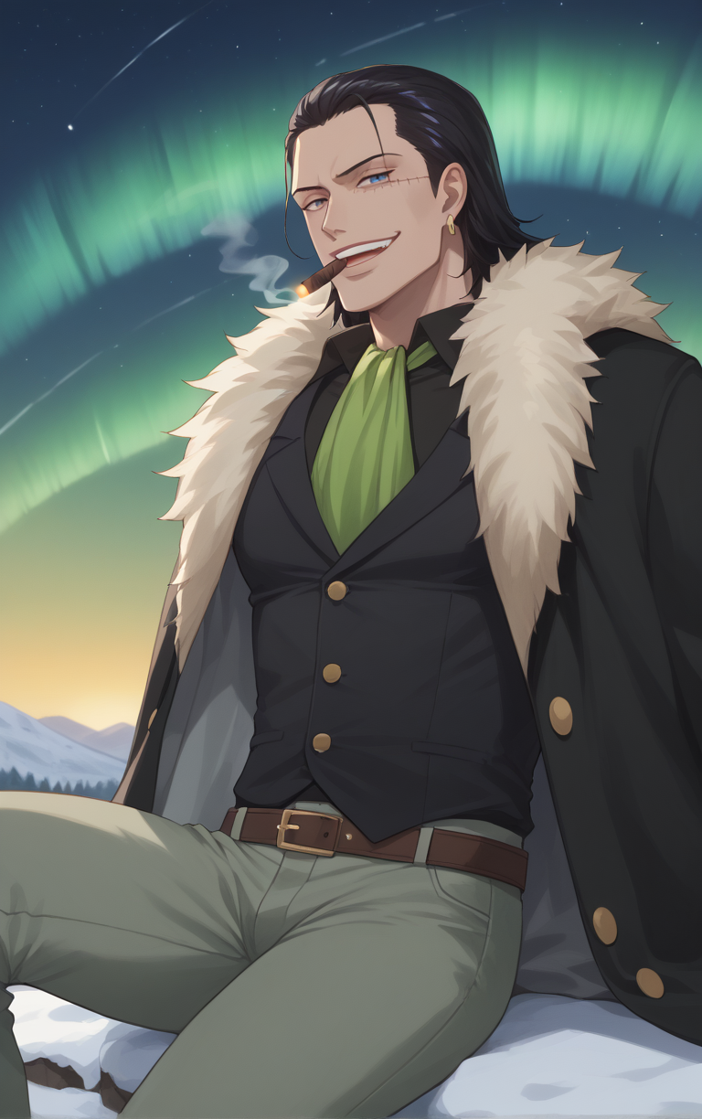 score_9, score_8_up, score_7_up, looking at viewer,  BREAK
MarineFord_Crocodile_ownwaifu, 
1boy, black eyes, black hair, hair slicked back, hook, male focus, scar on face, single earring, smoking, scar, jewelry, earrings, smile, stitches, teeth, short hair, long hair, cigarette, evil smile, 
black coat, black shirt, cigar, fur trim, green ascot, grey pants, fur coat, ascot, belt, pants, coat, coat on shoulders, shirt, cape, fur-trimmed coat, long sleeves, vest
(sitting, looking up), aurora, shooting star,  star \(sky\), winter, snow, night, scenery, outdoors,  <lora:PONYXL_Pre_ONEPIECE_Crocodile_ownwaifu:0.75> , depth of field, solo, Interesting Image, Captivating Image,