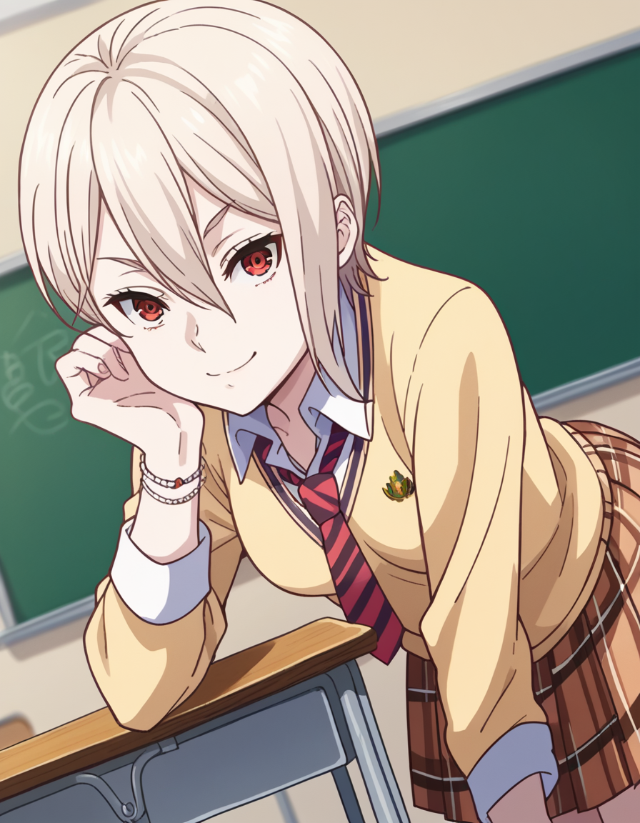 score_9, score_8_up, score_7_up, source_anime,
alicenakiri, <lora:alice-nakiri-s1-ponyxl-lora-nochekaiser:1>,
alice nakiri, short hair, red eyes, white hair, hair between eyes,
skirt, shirt, jewelry, school uniform, pleated skirt, necktie, striped, bracelet, sweater, plaid, plaid skirt, striped necktie, white shirt, collared shirt, light brown sweater,
indoors, classroom, bent over, smile,
looking at viewer, cowboy shot, dutch angle, solo,