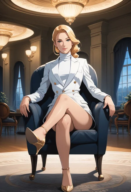 anime style, artist style: urushihara satoshi, Basic Instinct Pose, B4sic1nstinctP0se, 1woman, Jessie\(pokemon\), Jessie from Pokemon, basic_instinct_(movie), smirk, looking at viewer, facing viewer,sitting, crossed_legs, on_chair, bare_legs, high_heels, masterpiece, best quality, highres, best illumination, depth of field, detailed background, complex background, perspective with background