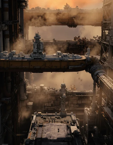 By Paul Chadeisson. A photo-realistic shoot from a low angle about a futuristic industrial environment, featuring a large industrial plant with pipes, machinery, and silhouettes of people. the image also shows a dense foggy atmosphere with steam rising from the pipes and machinery. on the left side of the image, a group of people can be seen standing amidst the industrial structures, which appear to be tall and imposing, with metal structures, pipes, and cranes. they are silhouetted against the warm, orange and yellow hues of the setting sun, creating a sense of depth and dimensionality. the scene is set in an industrial setting, with a smoky and industrial atmosphere.