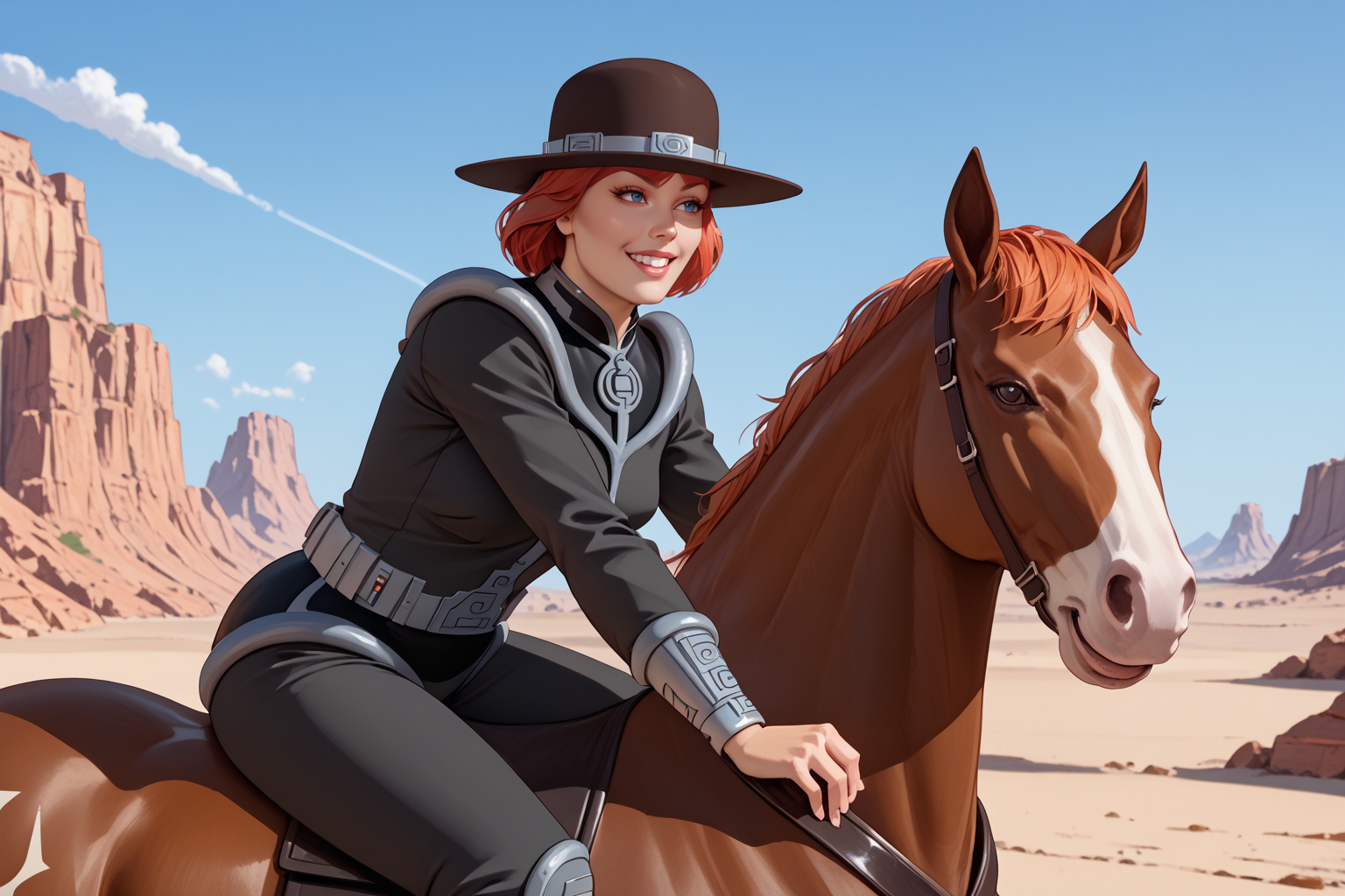 score_9, score_8_up, score_7_up, masterpiece, high quality, extreme detail, absurdres, (detailed skin texture) BREAK 
<lora:Judge J.B. McBridePonyLora:1>mcbride, short hair, bangs, hat, collar, spacesuit, sitting, riding horse, happy