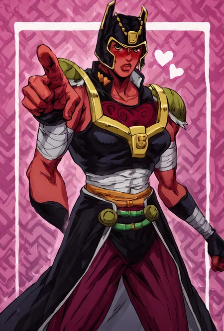 score_9, score_8_up, score_7_up,, good quality ,, character focus, solo, , best quality , <lora:looma-09:1.1> looma, solo, red skin, armor, 1girl, bandages, shoulder armor, helmet, horns, white borders, simple background, pink background, blushing, abstract background, hearts, steam, <lora:Expressive_H:1> Expressiveh <lora:Jojo:1> <lora:jotaro-kujo-pose-ponyxl-lora-nochekaiser:1> jotaro kujo pose, kujo jotaro's pose (jojo), jojo pose, pointing, pointing at viewer