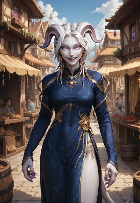 (absurdres, best quality, masterpiece:1.4), score_9, score_8_up, score_7_up, score_6_up, detailed, detailed body, detailed face, fantasy, 

culDraenei, purple eyes, no sclera, no pupils, athletic, tall, slim, pale skin, grey skin, long tail, long ears, 

(LOAwdl34pXL, qipao), 

smile, 

outdoors, wooden village background, ((multiple crowds, human, varied clothing, modern clothing))