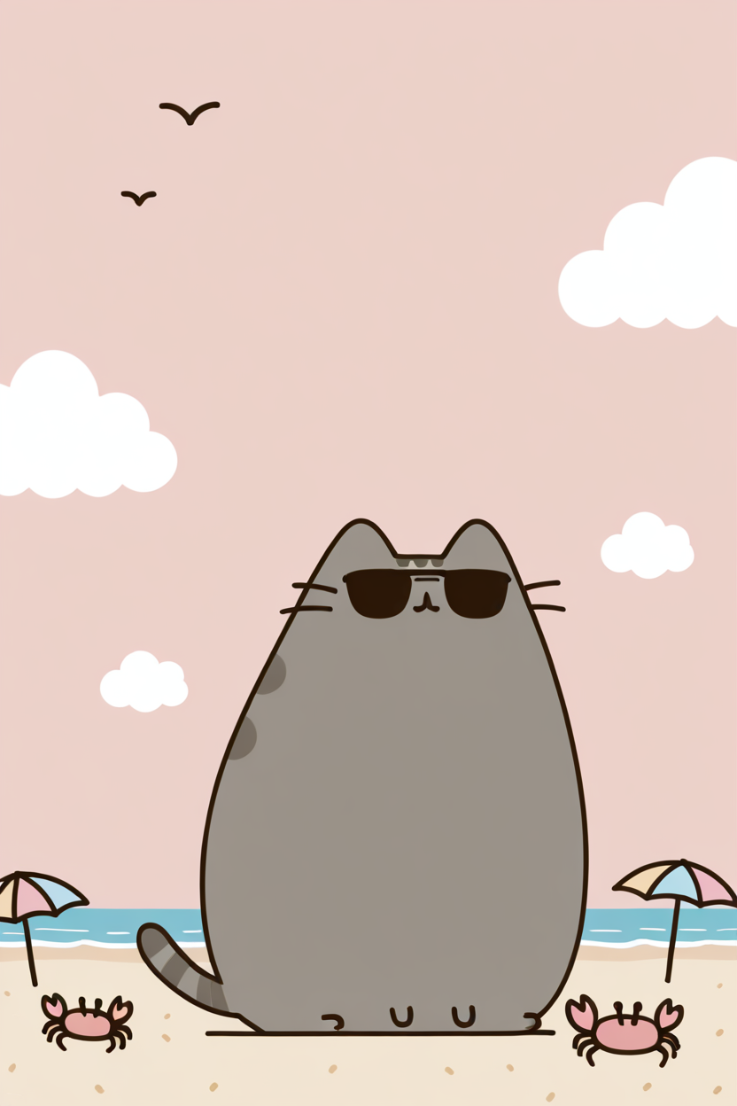 masterpiece, best quality,    Pusheen, outdoors, sky, cloud, ocean, umbrella, beach, sunglasses, sand, beach umbrella, crab,  ,<lora:PusheenIXL:1.0>,
