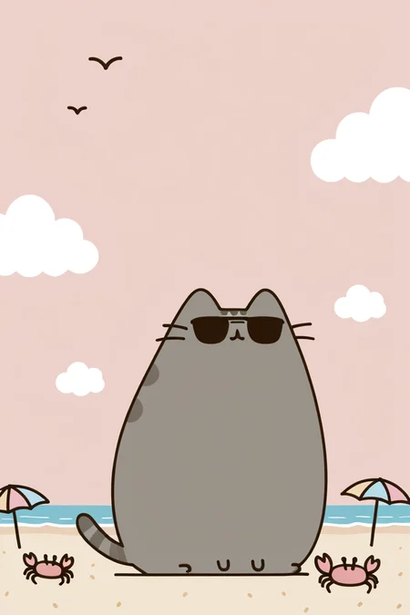 masterpiece, best quality, Pusheen, outdoors, sky, cloud, ocean, umbrella, beach, sunglasses, sand, beach umbrella, crab, ,<lora:PusheenIXL:1.0>,