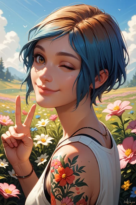 score_9, score_8_up, score_7_up, score_6_up
<lora:LISChloe:0.9>
LISChloe, 1girl, blue hair, hazel eyes, short hair, arm tattoo, from side, wink, happy, smile, closed mouth, peace sign, flowers, meadow