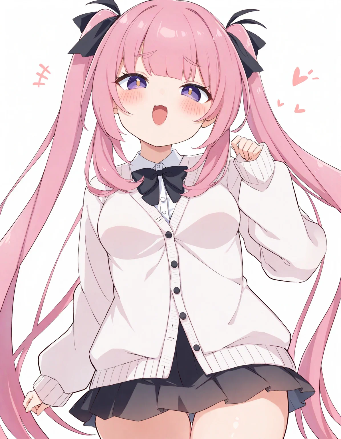 <lora:kmr:0.35>,1girl,:d,white shirt,blush,eyebrows visible through hair,white cardigan,very long hair,long sleeves,looking at viewer,open mouth,purple eyes,pink hair,black ribbon,black skirt,two side up,white background,twintails,<lora:kedama-XL-v31-ep20:0.65>,<lora:msg:0.8>,msg,breasts,cowboy shot,