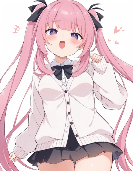 <lora:kmr:0.35>,1girl,:d,white shirt,blush,eyebrows visible through hair,white cardigan,very long hair,long sleeves,looking at viewer,open mouth,purple eyes,pink hair,black ribbon,black skirt,two side up,white background,twintails,<lora:kedama-XL-v31-ep20:0.65>,<lora:msg:0.8>,msg,breasts,cowboy shot,