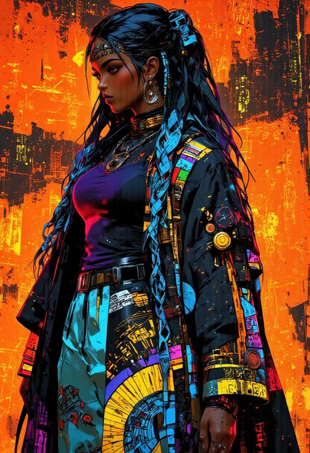 A hyper-realistic anime illustration of a woman with long, cascading hair styled in a sleek waterfall braid, dyed in gradient shades of iridescent blue with violet and streaks of glowing green highlights. She wears a futuristic street-inspired oversized coat with swirling holographic patterns blending Maasai beadwork motifs in glowing neon hues of yellow, pink, and red, layered over slim-fit high-waisted pants embroidered with geometric Navajo designs in electric blue. Platinum earrings shaped like crescent moons complement her look, while a radiant headpiece of intertwining golden vines and sapphire-encrusted accents crowns her head. The background is a vivid neon orange, contrasting the cool tones of her outfit, with ancient Norse runes glowing in shifting multicolored patterns arranged in a poster-like effect. Captured with a Canon EOS R3, 24 MP, paired with an RF 50mm f/1.2L USM lens for ultra-high-definition details, styled by Rei Kawakubo blending cultural traditions and avant-garde futurism.