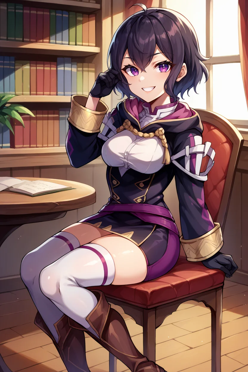score_9, score_8_up, score_7_up, score_6_up, source_anime, BREAK 1girl, solo <lora:femorgan-pdxl-nvwls-v1-000005:1> feMorgan, short dress, black gloves, white thighhighs, brown boots, sitting, table, chair, grin, looking at you, bookshelf