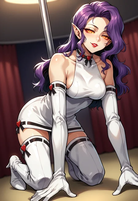 score_9, score_8_up, score_7_up, source_anime, BREAK 1girl, looking at you, all fours, seductive smile, half-closed eyes, <lora:ManEaterSMT-pdxl:1> mnetrSMT, long hair, colored sclera, empty eyes, lipstick, pointy ears, white dress, medium breasts, short dress, bare shoulders, choker, elbow gloves, thigh boots, high heel boots, indoors, stripper pole