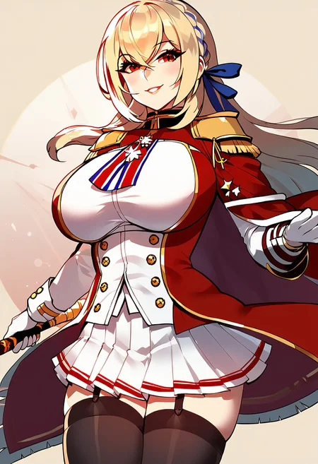 1girl, solo, dynamic pose, light smile, abstract background, masterpiece, amazing quality, best quality, very aesthetic, absurdres, zPDXL3, by marushin, king george v (azur lane), military uniform, (mature female:1.2), tall female, curvy, beautiful face, highly detailed faces and eyes,