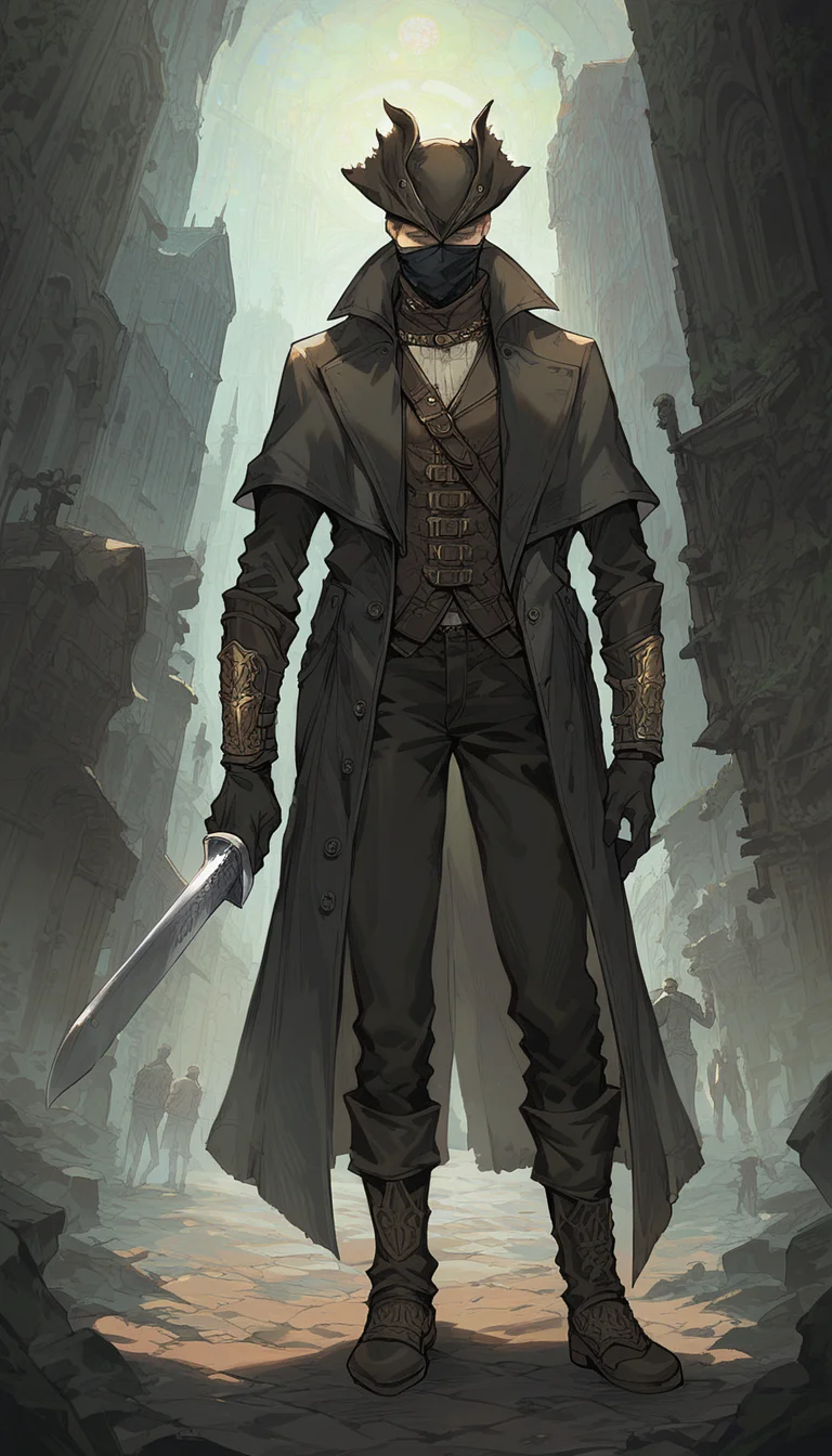 score_9, score_8_up, score_7_up, 1male full body shot, dynamic pose, holding sword, dark alley, church, detailed background
leather coat, long coat, leather pants, , hunter gloves, hunter trausers, hunter hat, facemask
<lora:Bloodborne_Hunter_set:0.8>,
<lora:Expressive_H:0.6> Expressiveh,
<lora:PulenKompot-Ganassa Style-PonyXL:0.5> ganassa,