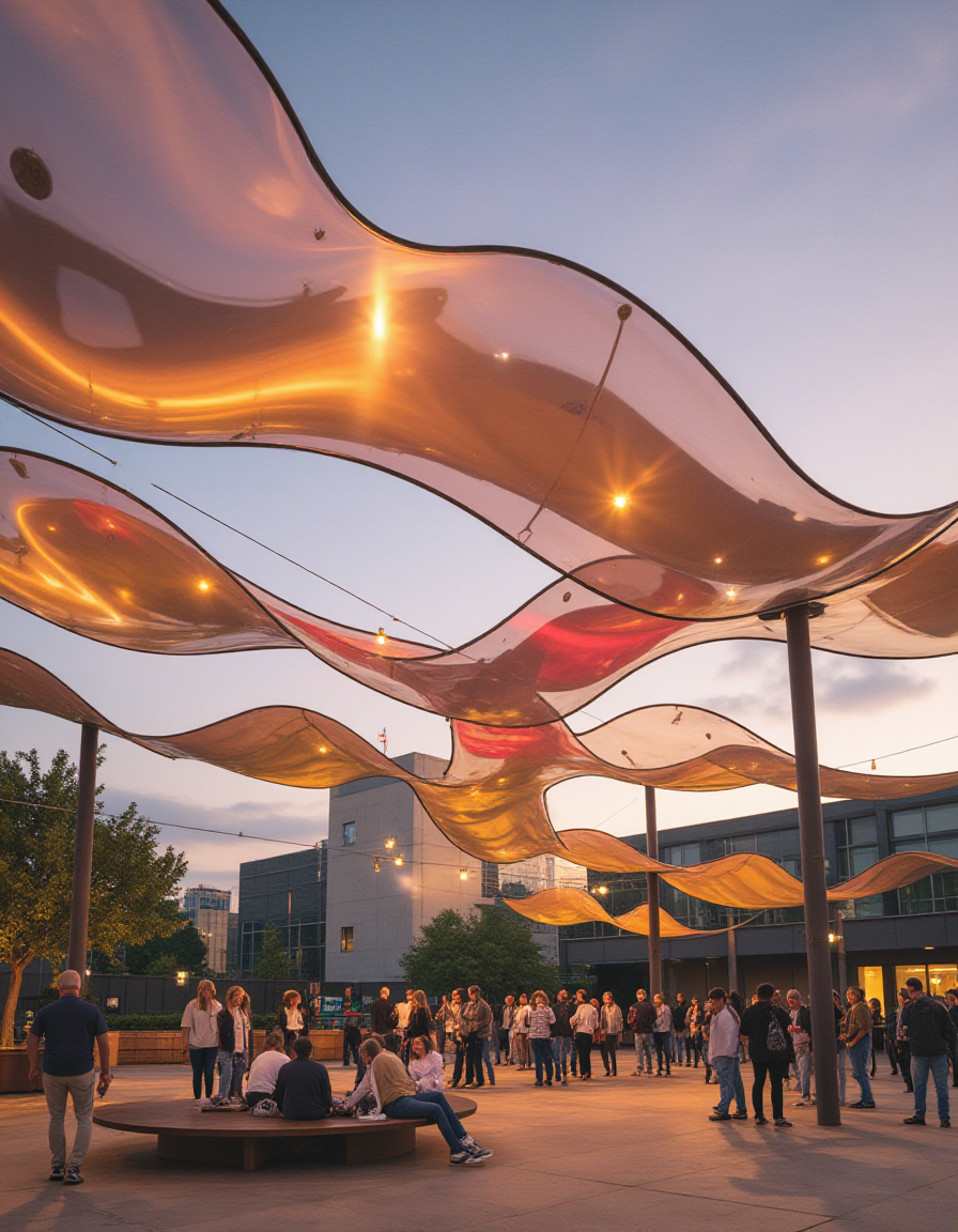 A series of wave-like acrylic panels suspended overhead in an outdoor plaza. Each panel is coated in iridescent film, reflecting shifting hues of orange, gold, and pink as the sunlight changes throughout the day. At night, solar-powered lights embedded in the panels illuminate them in warm, glowing tones. Visitors relax beneath the canopy, watching the interplay of natural and artificial light, while a gentle breeze sets the panels swaying in unison.
<lora:ral-kntcscptr-flux:1>