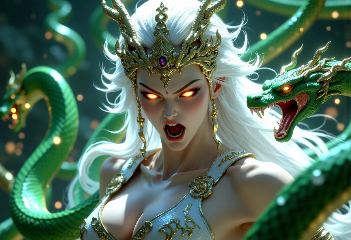 A female godess, White hair, green snake-like body, glowing eyes, a white and gold Chinese-style crown on the head, mouth open wide with fangs showing, surrounded by snakes made of light effects, a Chinese mythological background, created using Unreal Engine, hkgod, mythp0rt