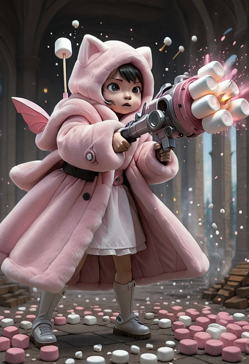 CivChan in a pink fur coat 1girl, attacking CivBot 1boy with a marshmallow cannon.