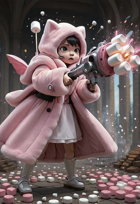 CivChan in a pink fur coat 1girl, attacking CivBot 1boy with a marshmallow cannon.