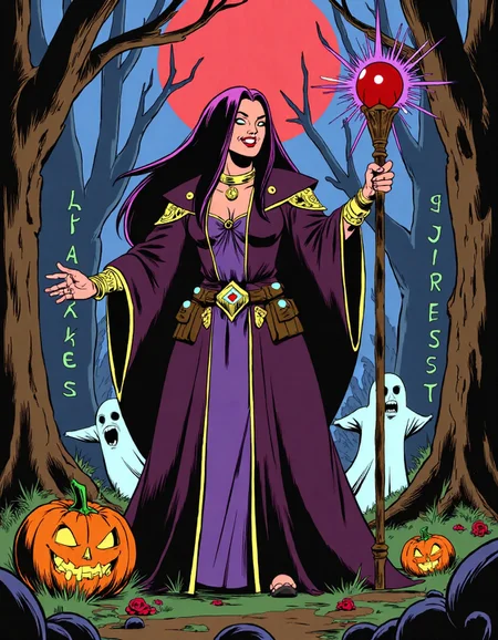 Cartoon_Style_Final, This image is a digital drawing in the style reminiscent of classic American comic books from the mid-20th century, but with a Final Fantasy twist. The subject is a powerful sorceress, inspired by Final Fantasy’s magic-wielding characters, standing in a dark, eerie forest. She has long, flowing black and purple hair, with glowing orange eyes and a sinister smile. Dressed in an elaborate, dark purple and gold robe with intricate, mystical symbols, she is casting a spell with her staff, which crackles with ethereal energy. Behind her, glowing Halloween spirits shaped like jack-o’-lanterns and ghostly wraiths swirl through the air. The background features towering, twisted trees with glowing runes carved into them, under a blood-red moon. The drawing emphasizes bold outlines, vibrant, flat colors, and dramatic poses typical of comic art, blending the magical and eerie atmosphere of Final Fantasy with the spooky essence of Halloween.