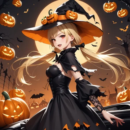 long twintails, blonde hair, pumpkin hat,medium breasts ,fang
gothic dress,torn cloak,
halloween, halloween costume,pose
Black car
looking back at viewer
score_9, score_8_up, score_7_up,  masterpiece, best quality, source_anime, source_hentai,  uncensored, detailed background,