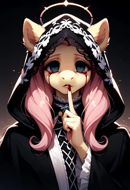 core_9, score_8_up, score_7_up, score_6_up, zPDXL3, (fluffy:1.2), (good_hands:1.4), (Fluttershy:1.3), (anthro:1.3), (pony:1.3), (wings:1.2), (black halo:1.2), GlowingHalo, (empty eyes:1.8), (bloody tears:1.4), close-up of face, (disheveled hair:1.2), Shuffling, (finger to mouth:1.2), (index finger raised:1.2), (character in dark monk's robes with intricate lace details, gothic design, flowing fabrics, heavy textures:1.9), (hood partially covering head, elaborate folds, deep shadows, intricate textures:2.0), (small nose:1.2), dark atmosphere, gothic, mysterious, cinematic lighting, (low-key lighting:1.3), (intricate details:1.3), (ultra-detailed face with balanced shadows and highlights:1.5), (smooth skin texture:1.2), (volumetric lighting:1.2), (subsurface scattering:1.2), (Unreal Engine 5:1.2), (sharp focus:1.3), (dynamic lighting:1.3), (micro-shadows:1.3), (dark tonal harmony:1.4), (subtle lighting gradients:1.3)