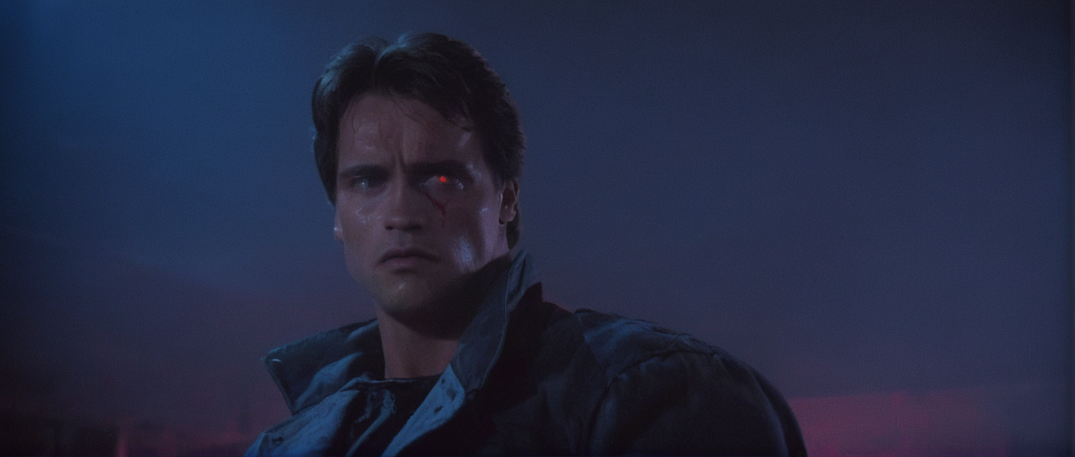 cinematic film still of  <lora:Terminator style:0.8>
In the 1980's Terminator a man with blood on his face and 1bloody red eye,solo,blue eyes,black hair,red eyes,1boy,male focus,blood,glowing,heterochromia,science fiction,dark,glowing eye , horror themed, dark themed, low key light, dramatic light, dramatic shadow light, contrast, cinematic color, cinematic look, filmic, realistic, realism, perfection, perfect, Kodak, Kodak film, movie still, Terminator style, The Terminator 1984 Film style, shallow depth of field, vignette, highly detailed, high budget, bokeh, cinemascope, moody, epic, gorgeous, film grain, grainy