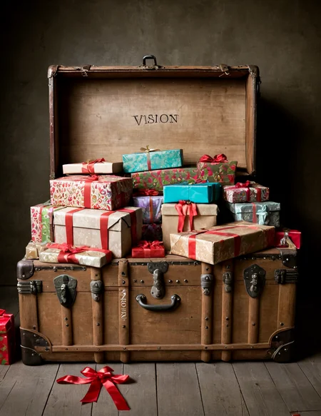 An old and worn wooden steamer trunk filled with gift-wrapped packages with the text "Vision" BREAK fairy-tale background